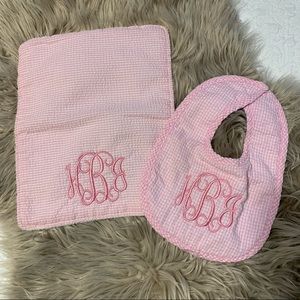 HBJ Monogrammed seersucker bib and burp cloth